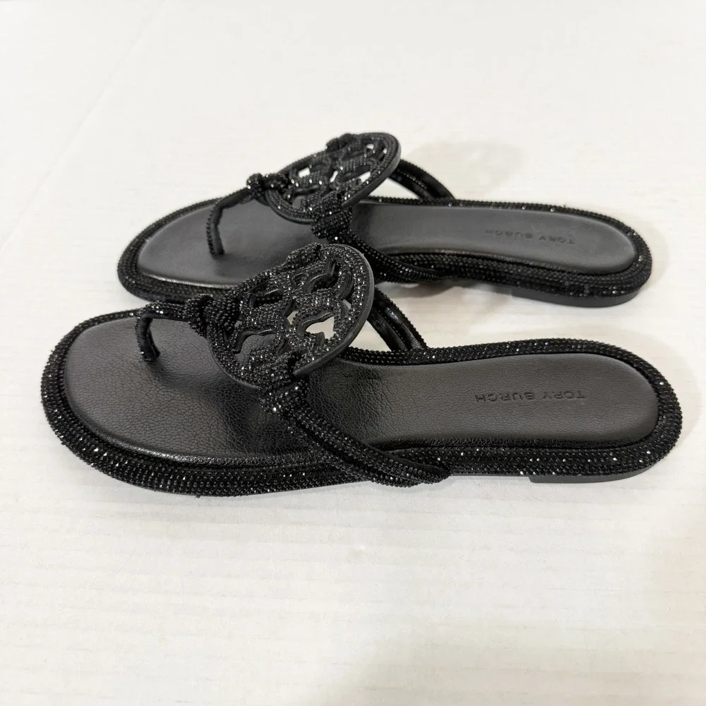 Tory Burch Womens Miller Knotted Pavé Perfect Black Flip Flop Sandal Size 7